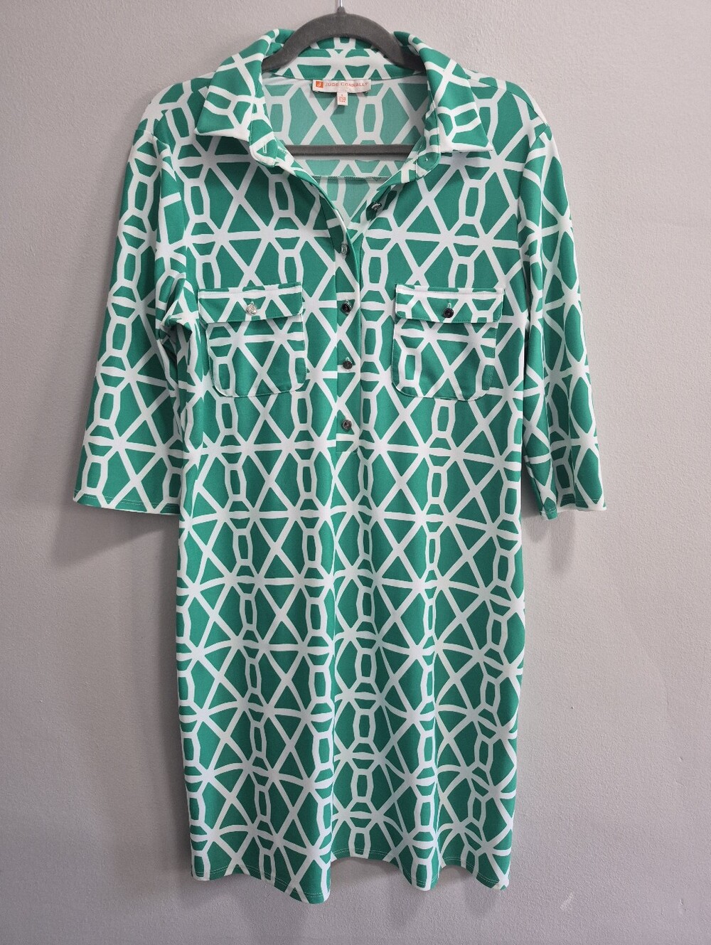 Jude Connally Green Geometric Print Collared Dress Size Large